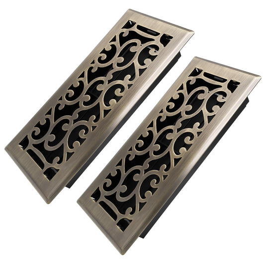 Howeall 4x10 Inches Heavy Duty Walkable Floor Register - Easy Adjust Air Supply Lever Decorative Floor Vent Covers - Savannah Design Vent Covers for Home - Antique Brass