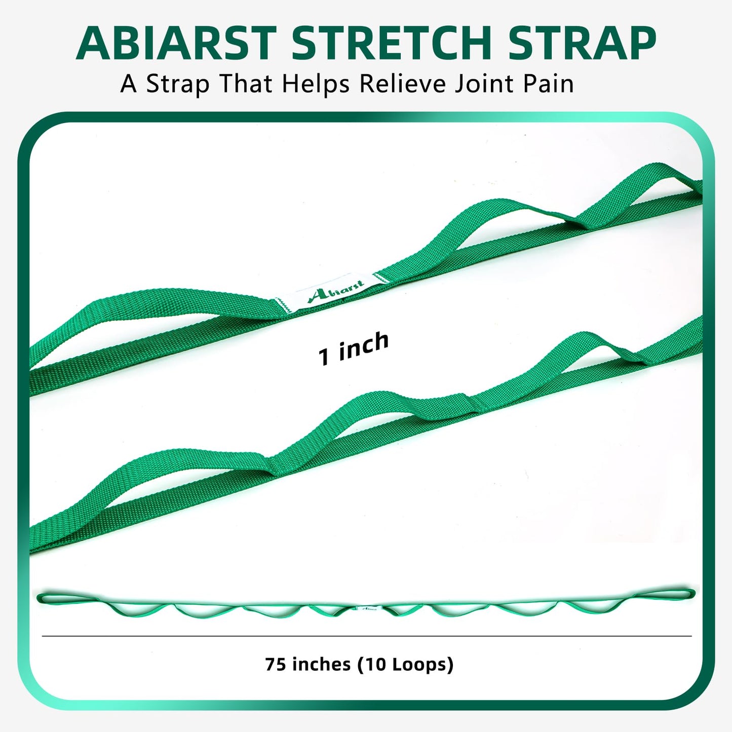 Abiarst Stretching Strap Yoga Straps for Physical Therapy, 10 Loops Non-Elastic Stretch Band for Pilates, Flexibility, Exercise and Gymnastics (Green)