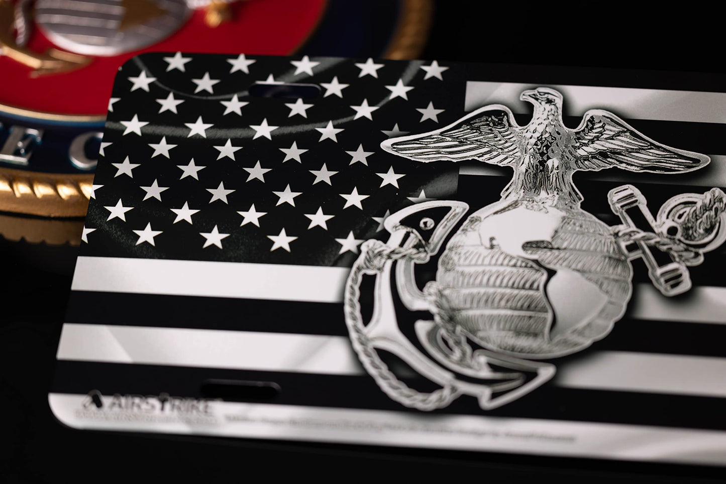 Marine Corps License Plate, USMC License Plate, Marine License Plate, USMC License Plates for Front of Car, USMC Black Flag License Plate, USMC Plate, Made in USA by Airstrike (Made of Metal)-774