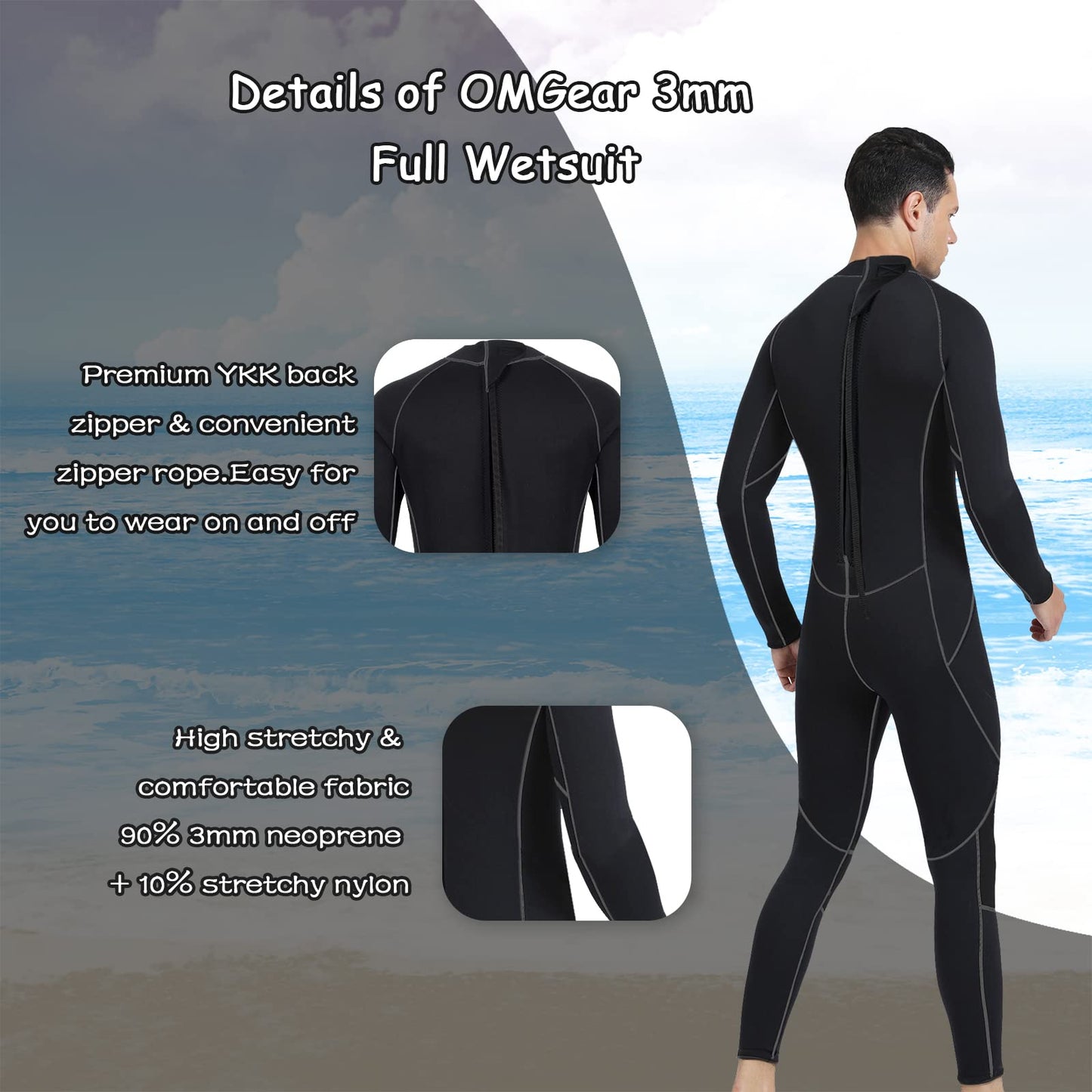 OMGear Wetsuit Women 3mm Neoprene Wet Suit Full Body One Piece Long Sleeves Scuba Diving Suits Back Zipper Swimsuit for Diving Surf(Black/Grey.S)
