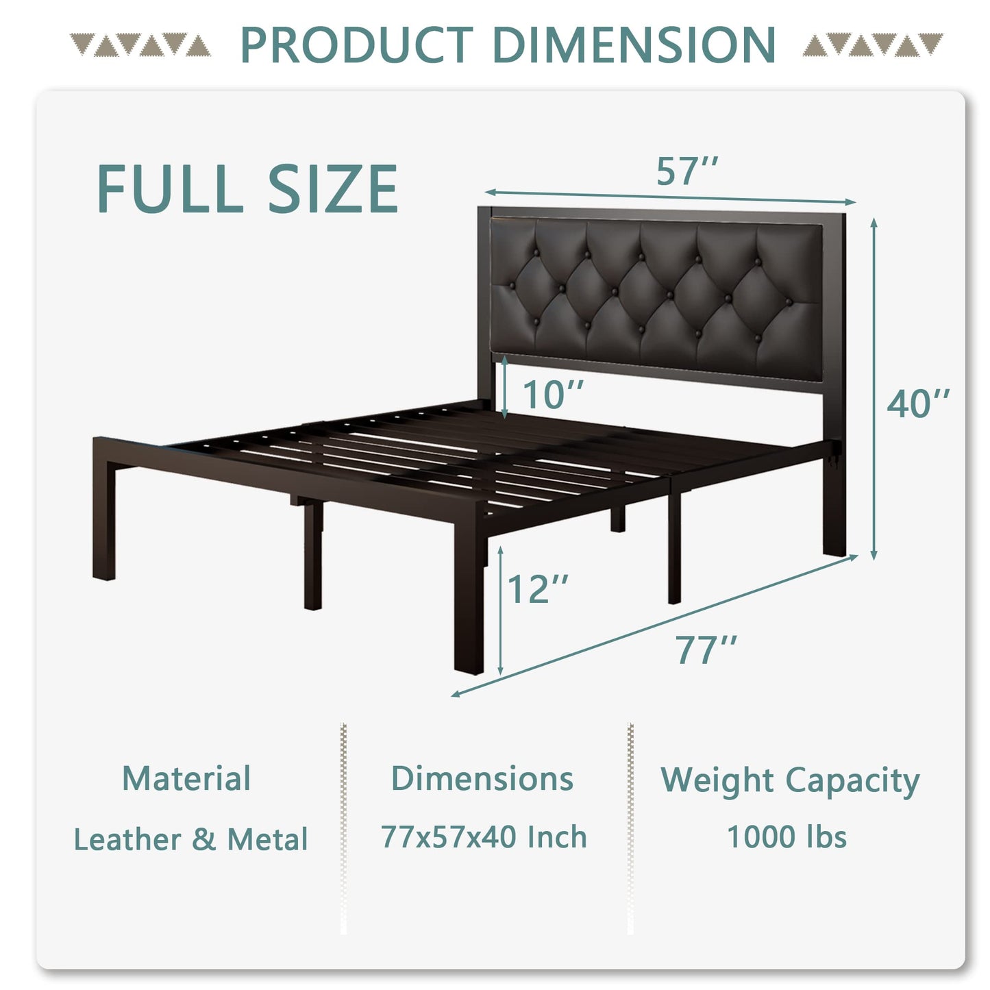 Feonase Full Size Metal Bed Frame with Faux Leather Button Tufted Headboard, Heavy-Duty Platform Bed Frame with 12" Storage, Steel Slats Support, No Box Spring Needed, Noise Free, Black