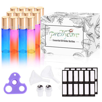 PrettyCare 12 Pack, 10 ml Essential Oil Roller Bottles with Stainless Steel Roller Ball - Refillable Leak-proof Empty Thick Rainbow Glass Roll on Bottles with Metal Caps for Travel, Perfume