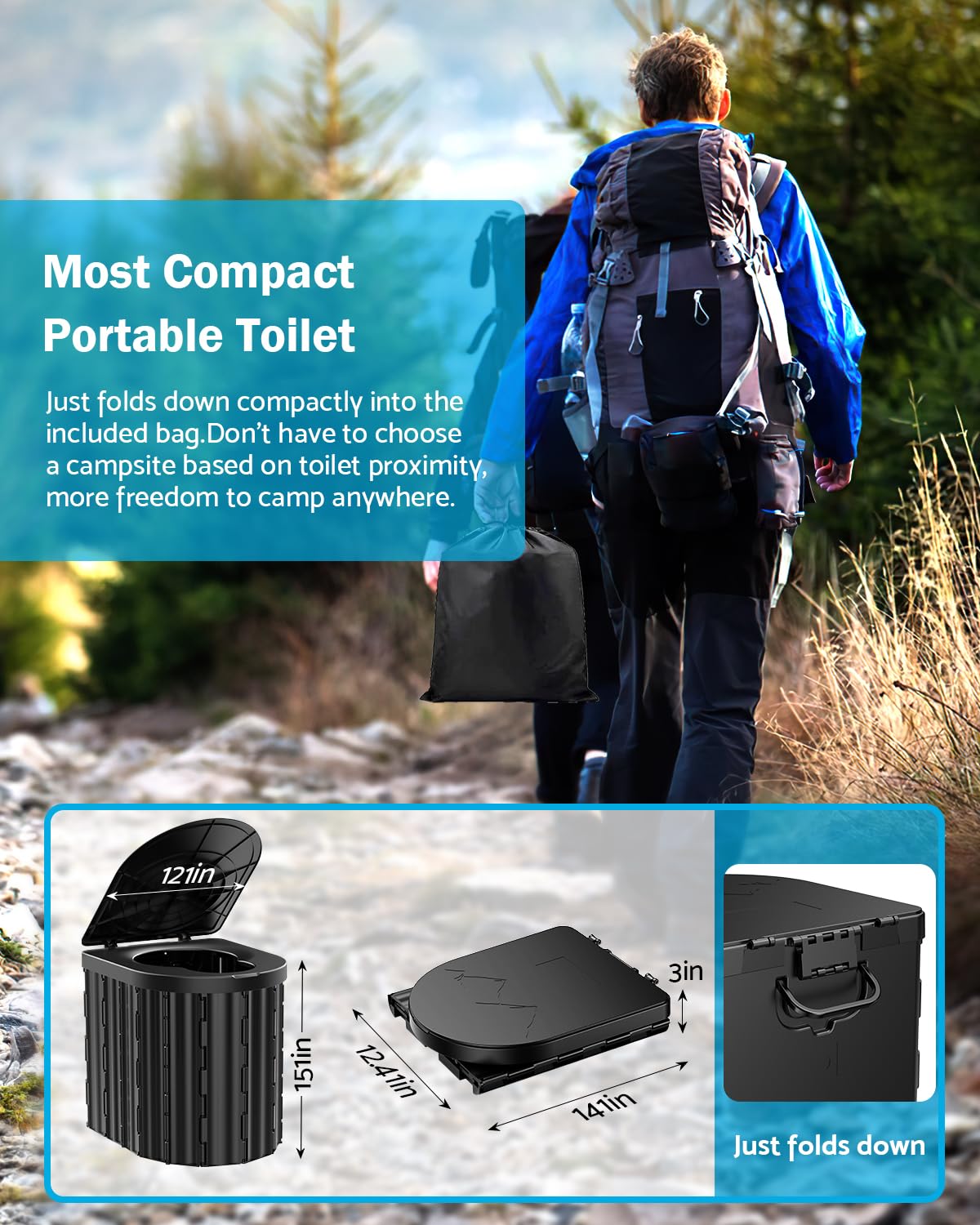 Portable Toilet, Upgraded 15'' toilet With Removable Paper Holder, Camping Toilet With A Load Capacity Of 450 Lbs, Portable Potty for Camping, Hiking, Road Trip, Car, RV, Tent, Beach, Truck Drivers