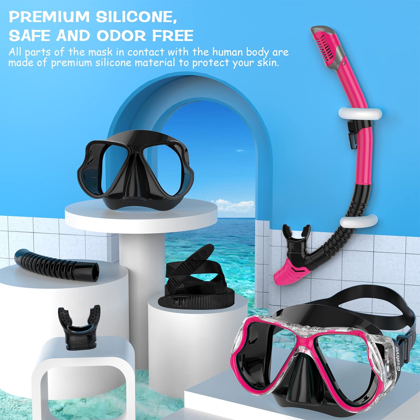 Greatever Dry Snorkel Set,Panoramic Wide View,Anti-Fog Scuba Diving Mask,Professional Snorkeling Gear for Adults