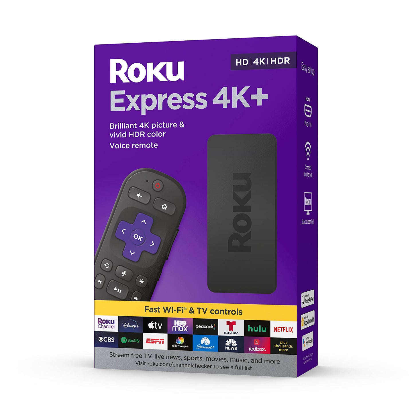 Roku Express 4K+ | Roku Streaming Device 4K/HDR with Voice Remote, Free & Live TV