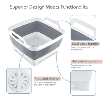2.4 Gal(9L) Collapsible Dish Basin with Drain Plug, Space Saving Outdoor Multiuse Foldable Sink Tub, Dishpan, Kitchen Storage Tray for Camping, Vegetable Washing, RV (Gray)