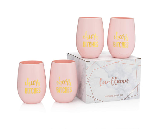 Loco Llama Bridesmaid Proposal Wine Glasses and Bridal Party Gifts - 100% Unbreakable Tritan Plastic with Gold Foil Accents - 16 ounces (Pink Cheers Set, 4)