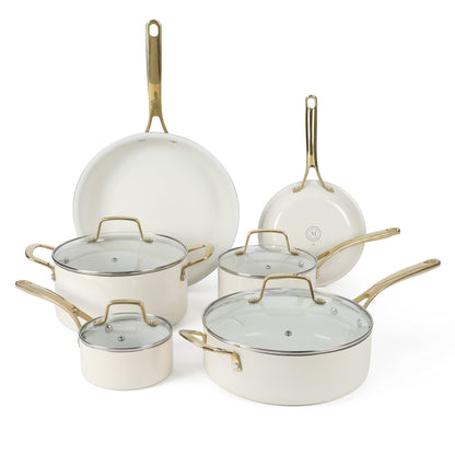Martha Stewart Lockton Premium Non stick Non Toxic PFA Free Ceramic Interior 10 Piece Heavy Gauge Enamel Aluminum Pots and Pans Cookware Set - Linen White w/Gold Handle
