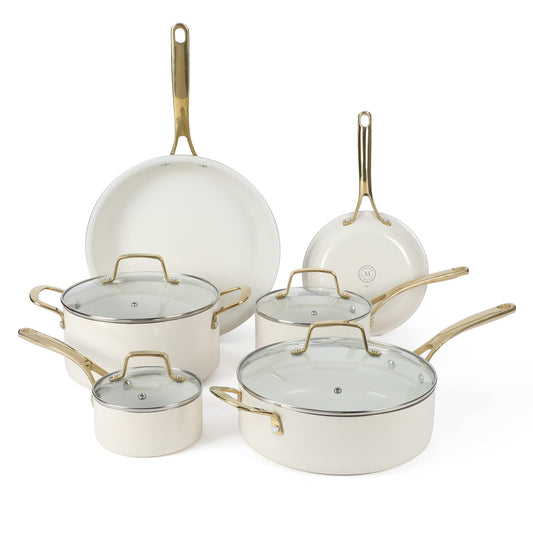 Martha Stewart Lockton Premium Non stick Non Toxic PFA Free Ceramic Interior 10 Piece Heavy Gauge Enamel Aluminum Pots and Pans Cookware Set - Linen White w/Gold Handle