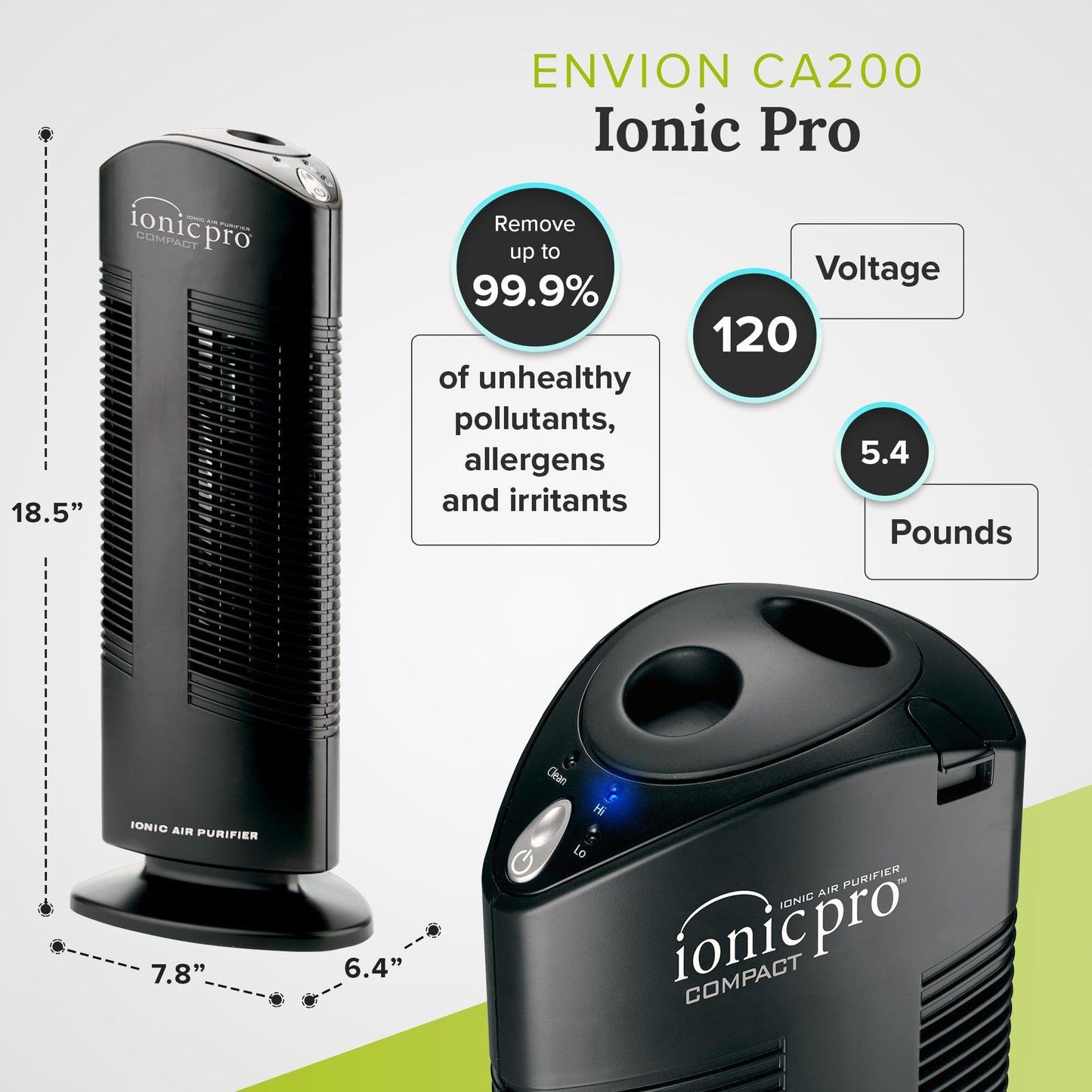Ionic Pro Compact (CA200) Ionic Air Purifier Tower for Home, Quiet Ionic Filterless Design, Covers Up to 200 Sq. Ft., Removes Odors, Smoke, Dust, and Allergens – Black