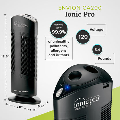 Ionic Pro Compact (CA200) Ionic Air Purifier Tower for Home, Quiet Ionic Filterless Design, Covers Up to 200 Sq. Ft., Removes Odors, Smoke, Dust, and Allergens – Black
