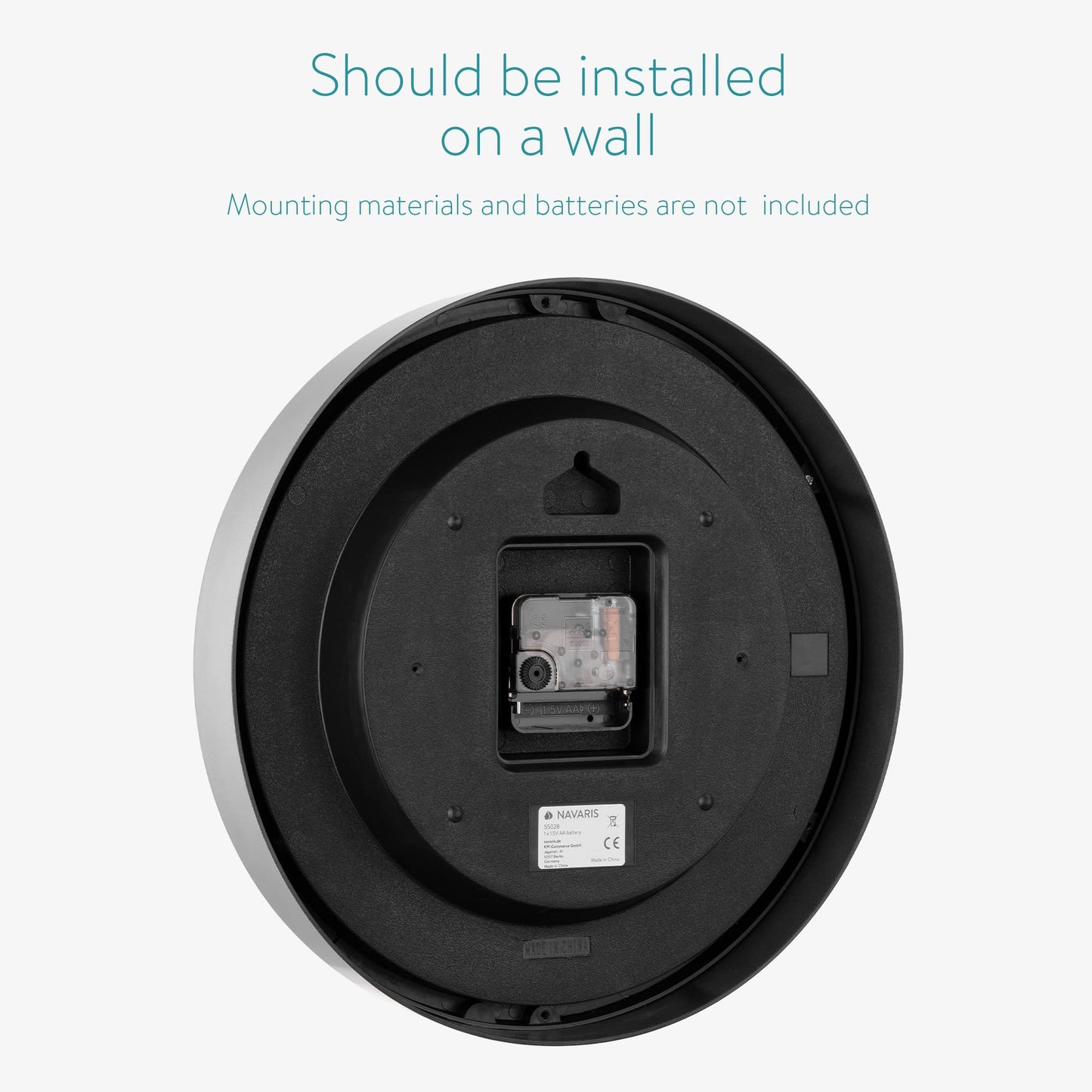 Navaris 24 Hour Wall Clock - 11.8" Analog Military Time Clock with Silent Movement Non-Ticking Hands - Battery Operated - Silver Frame with Black Face