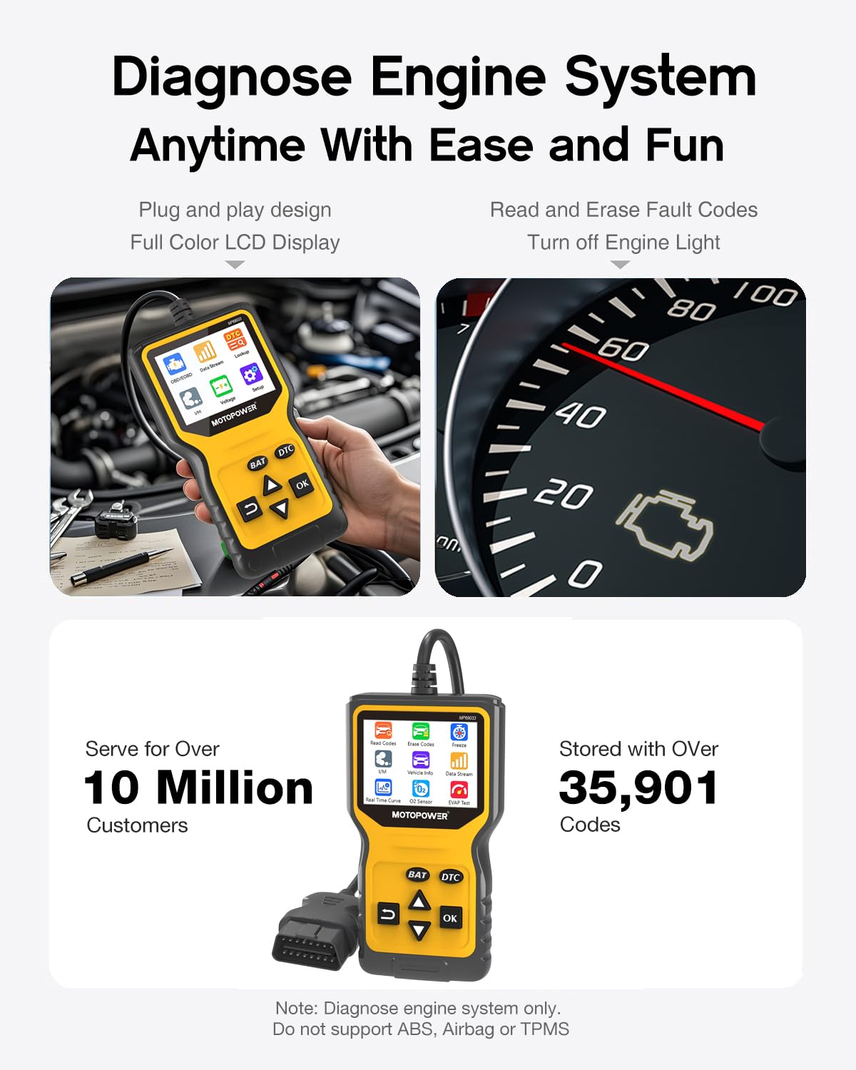 MOTOPOWER MP69033 Pro OBD2 Scanner Code Reader Check Engine Fault Light Diagnostic Scan Tool with Battery Tester