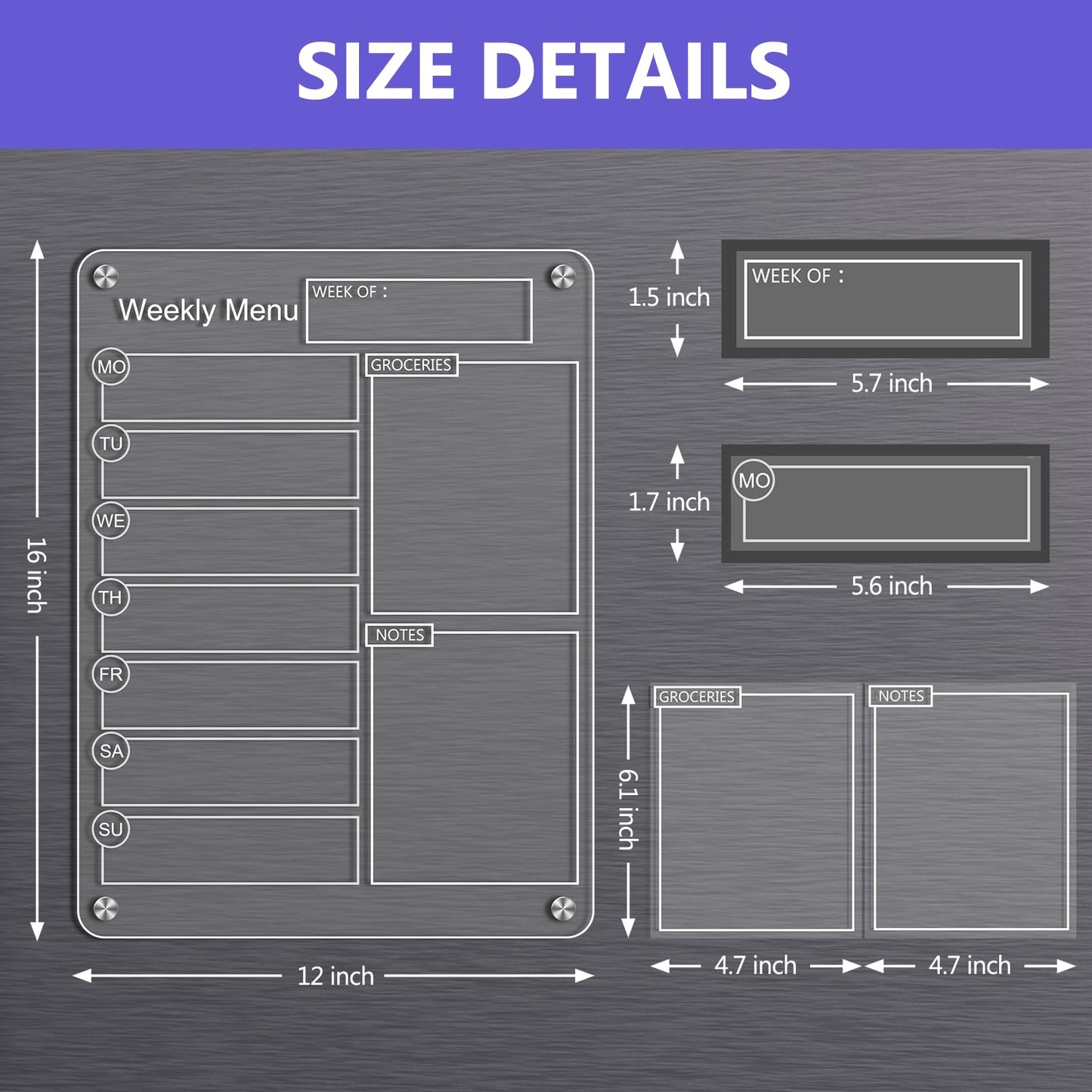 16''x12'' Acrylic Meal Planner Magnetic Menu Board for Kitchen Fridge, Clear Weekly Calendar Planning Board Noteboard Dry Erase Board to Do/Grocery/Shopping List/Chore Chart Includes 6 Markers