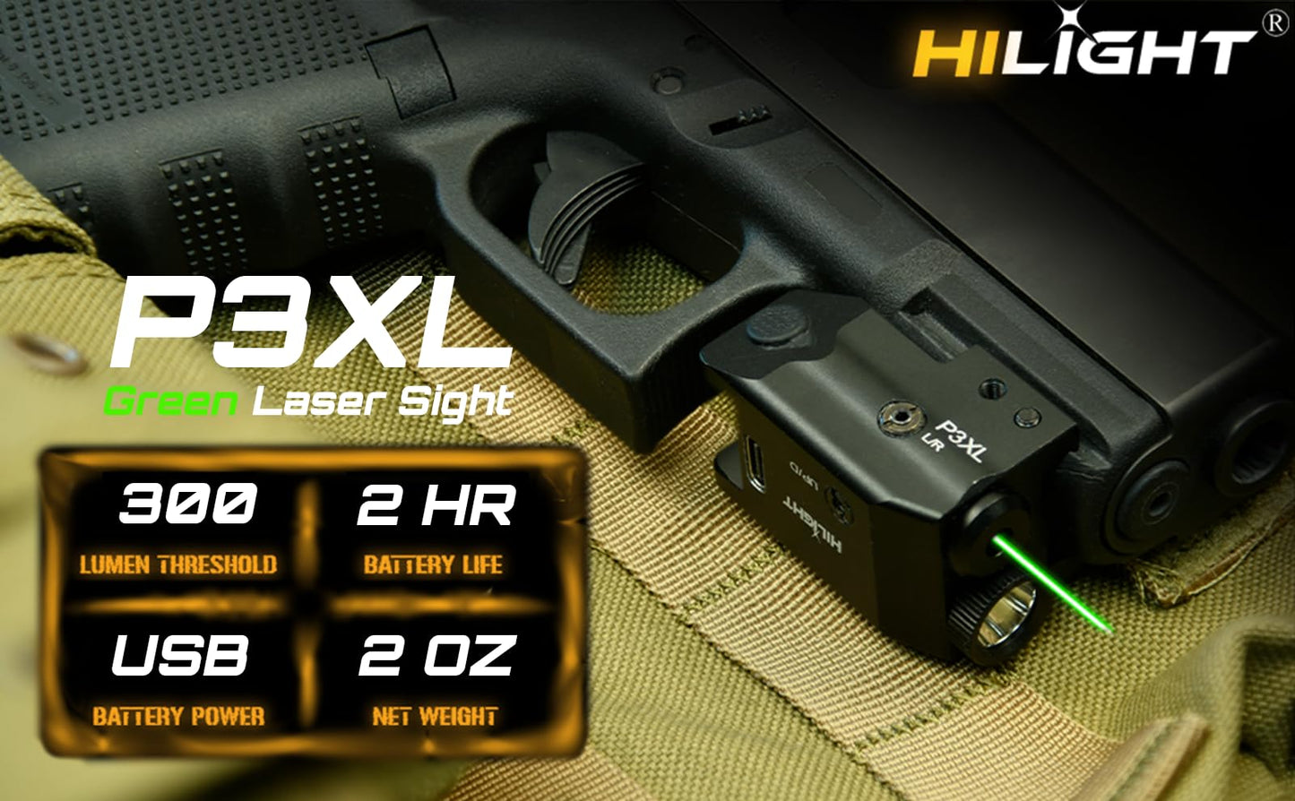 HiLight - Tactical P3XL - 300 Lumens Strobe Flashlight & Single (Green) Laser - Aircraft Grade Aluminum, Rechargeable USB Battery - Rail Mount Light & Precision Laser Class of IIIA, 5mW
