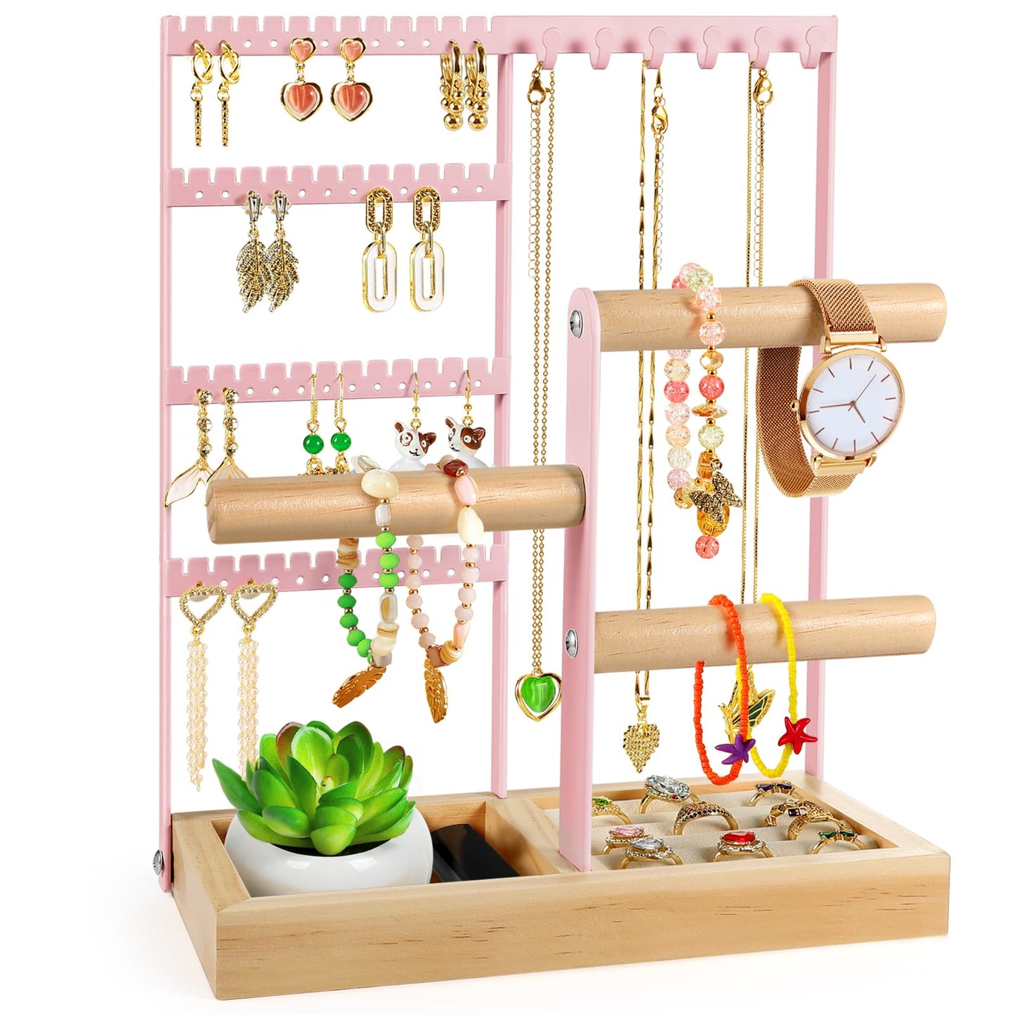 Godboat Jewelry Organizer - Earring Holder with 48 Holes, 6 Hooks Necklace Organizer, Bracelet and Ring Stand with Jewelry Box, Mothers Day Gifts for Women, Mom, Preppy Stuff & Room Decor, Pink