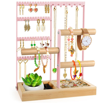 Godboat Jewelry Organizer - Earring Holder with 48 Holes, 6 Hooks Necklace Organizer, Bracelet and Ring Stand with Jewelry Box, Mothers Day Gifts for Women, Mom, Preppy Stuff & Room Decor, Pink
