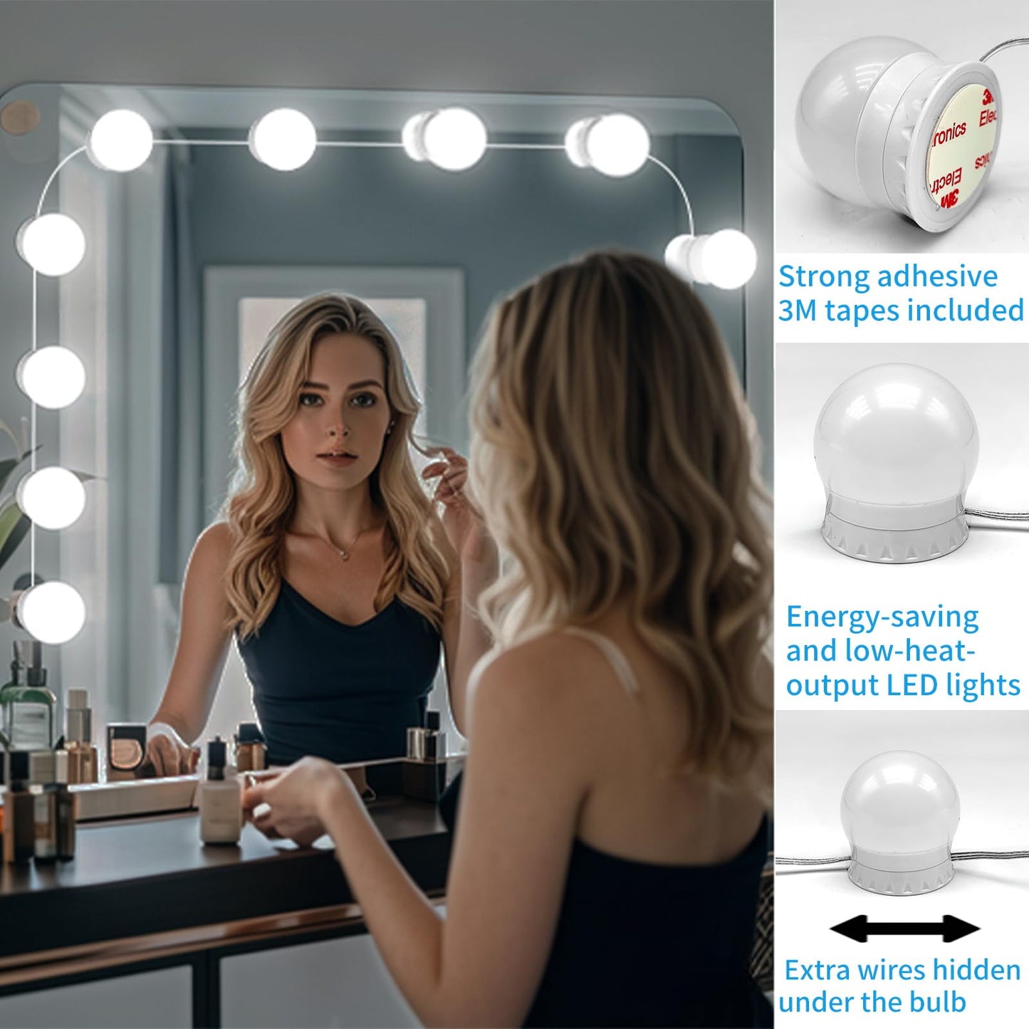 LED Vanity Mirror Lights with 12 Stick On Dimmable Bulbs, 3000K 4500K 6500K & 10 Brightness Levels Adjustable, Plug in USB Cable, Hollywood Style Mirror Lights for Makeup Desk Bathroom Dressing Room