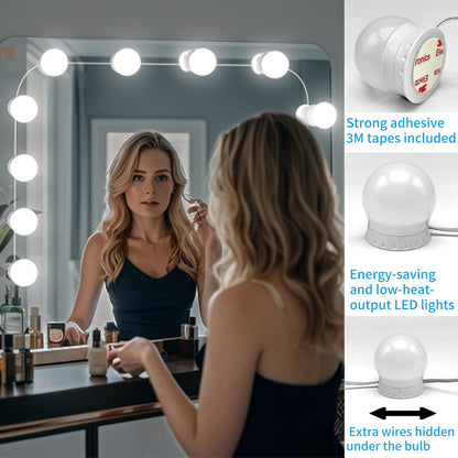 LED Vanity Mirror Lights with 12 Stick On Dimmable Bulbs, 3000K 4500K 6500K & 10 Brightness Levels Adjustable, Plug in USB Cable, Hollywood Style Mirror Lights for Makeup Desk Bathroom Dressing Room