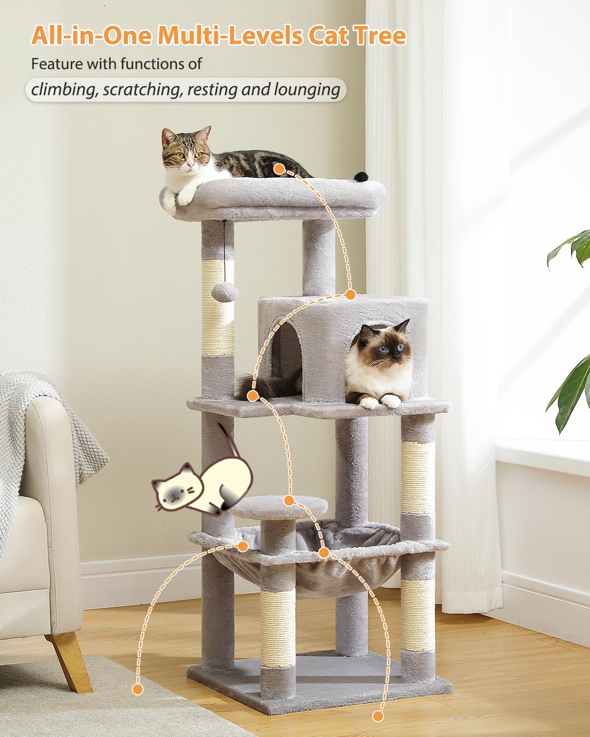PETEPELA 45.7" Cat Tree for Indoor Cats, 5-Level Cat Tower for Large Cats with Metal Frame Large Hammock (17.3"x15.3"), Cat Condo with (18.5"x13") Big Top Perch & 4 Sisal Covered Scratching Post Grey