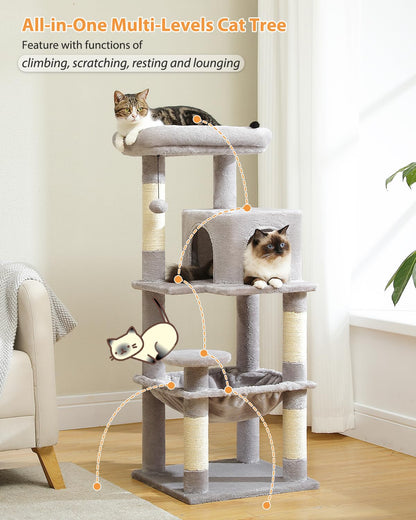 PETEPELA 45.7" Cat Tree for Indoor Cats, 5-Level Cat Tower for Large Cats with Metal Frame Large Hammock (17.3"x15.3"), Cat Condo with (18.5"x13") Big Top Perch & 4 Sisal Covered Scratching Post Grey