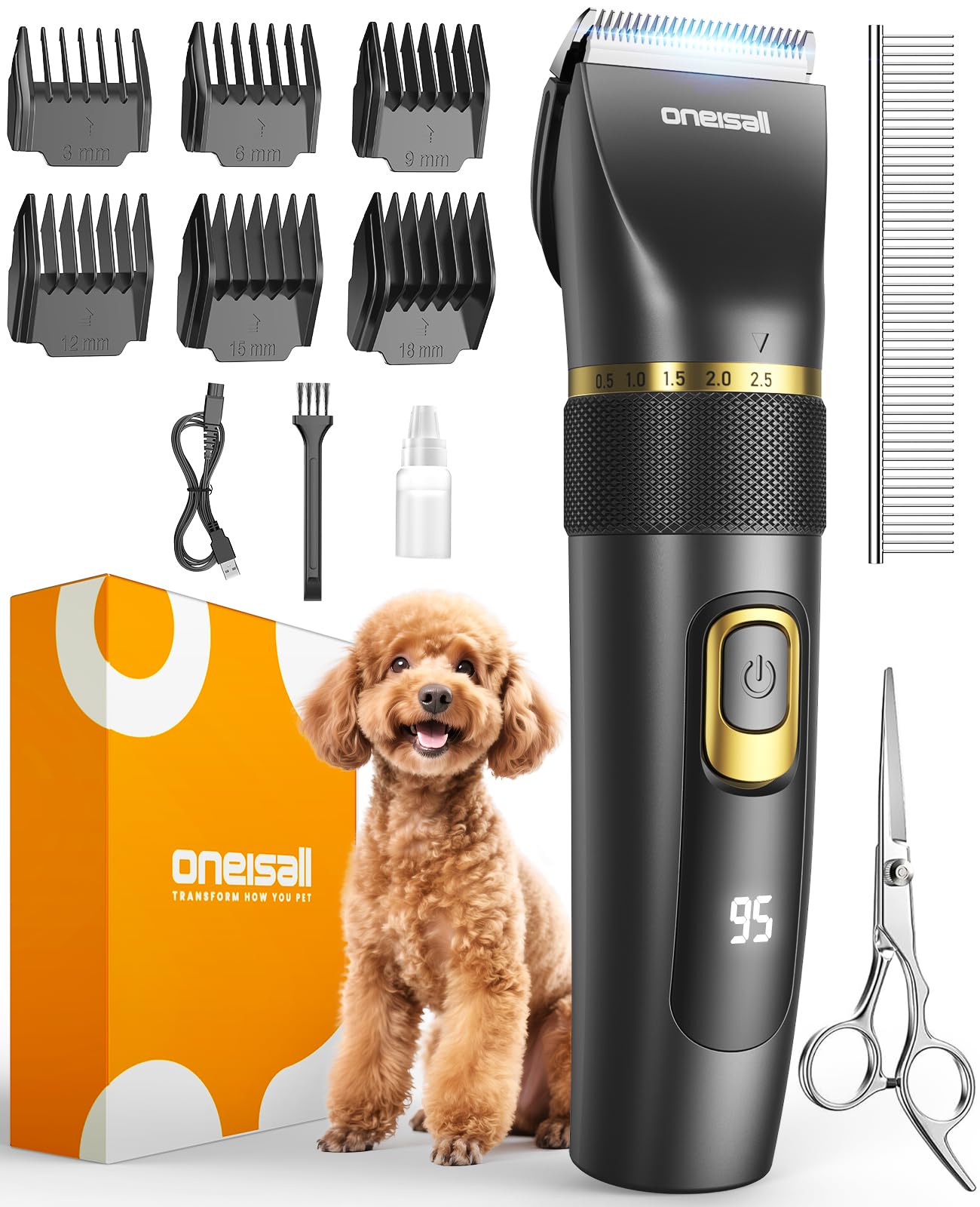 oneisall Dog Clippers Low Noise, Pro Dog Grooming Clippers Kit with Rechargeable Cordless Shaver Trimmer for Dogs Cats, IPX7 Waterproof Pet Clippers Grooming at Home
