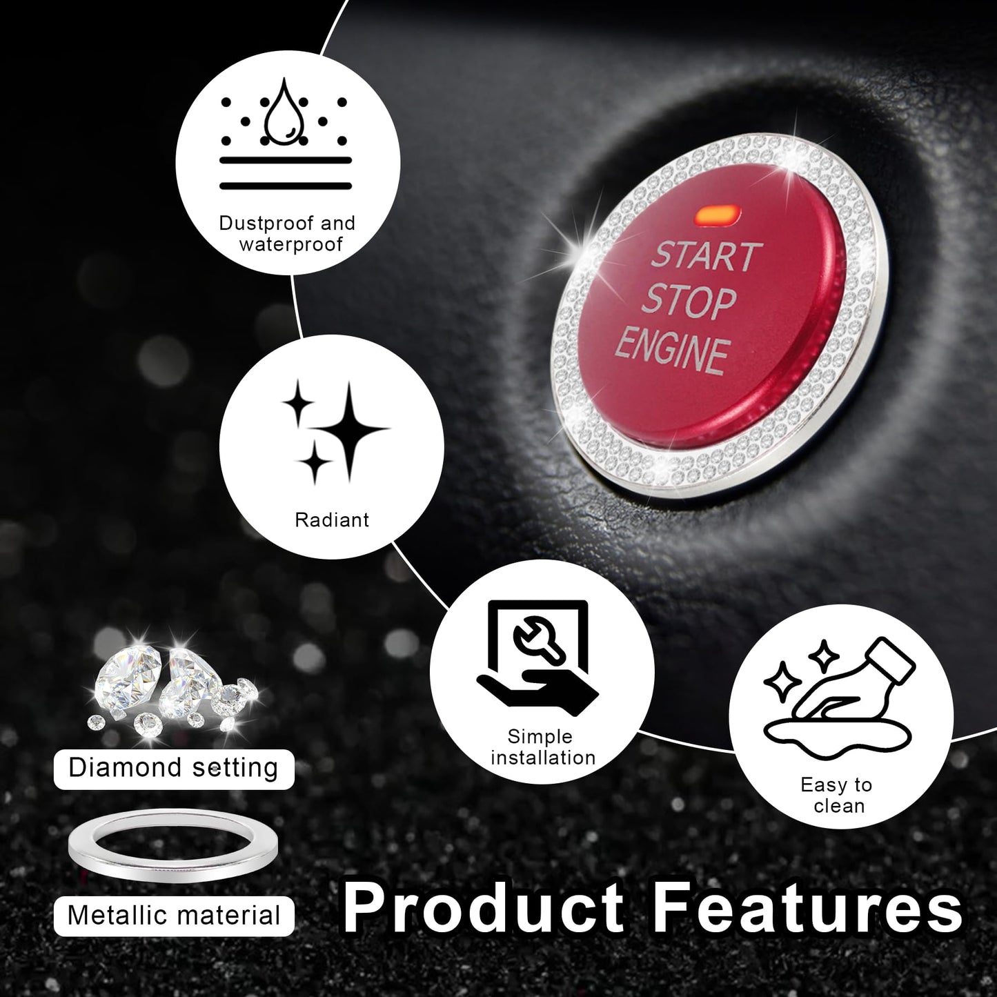 LivTee 2 PCS Crystal Double Rhinestone Car Engine Start Stop Decoration Ring, Bling Car Interior Accessories for Women, Push to Start Button Cover Sticker, Automotive Decals, White