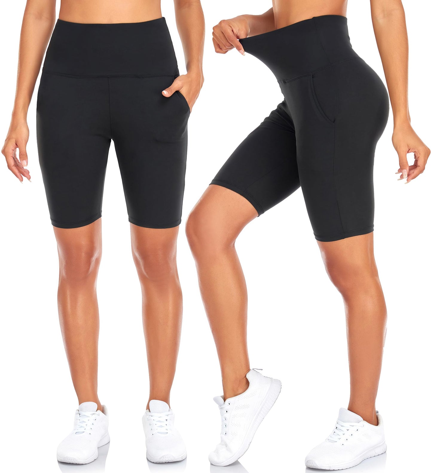 FULLSOFT 4 Pack Biker Shorts for Women – 8" High Waist Tummy Control Workout Yoga Running Compression Exercise Shorts with Pockets(4 Pack Black/Navy Blue/Grey/Pink,Large-X-Large)