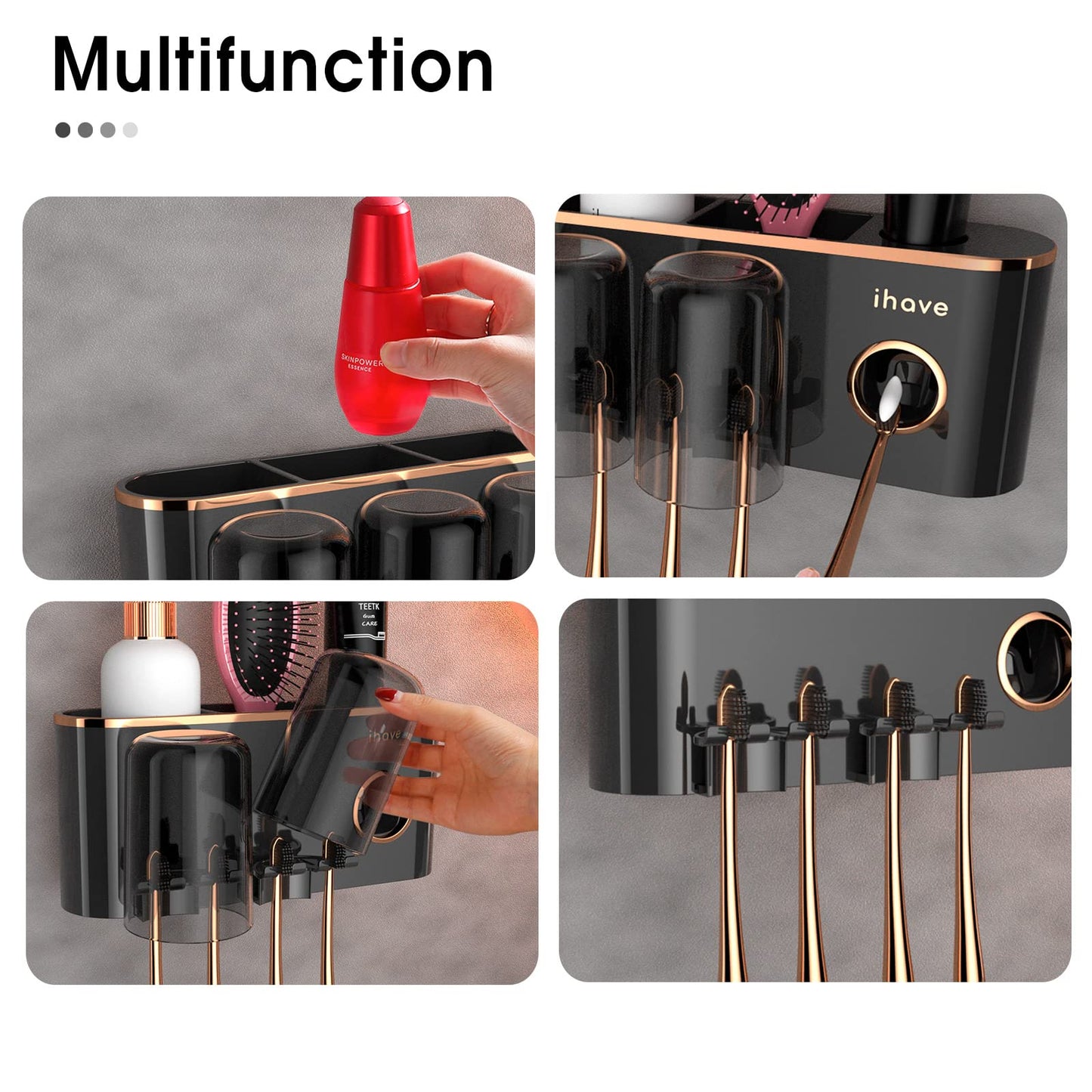 iHave Toothbrush Holders Bathroom Accessories with Toothpaste Dispenser, 2 Cups Toothbrush Holder Wall Mounted Bathroom Decor