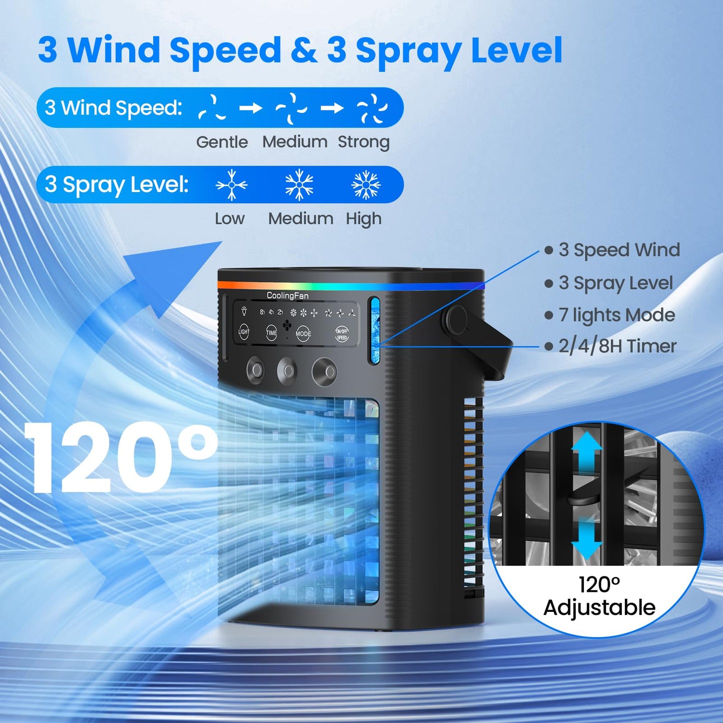 Portable Air Conditioners, Mini Air Conditioner Portable Cooling Fan with Remote Control, 3 Wind Speed & 3 Mist Level & 2-8H Timer & 7 LED Light Evaporative Air Cooler for Home Office Room, Black