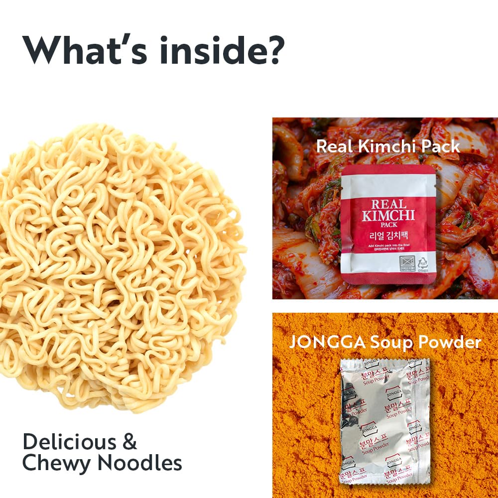 JONGGA Kimchi Ramen with Real Kimchi 4.9 oz Pack of 6, Korean Instant Hot and Spicy Noodle Soup, Authentic Savory Ramen Bowl, Quick and Convenient