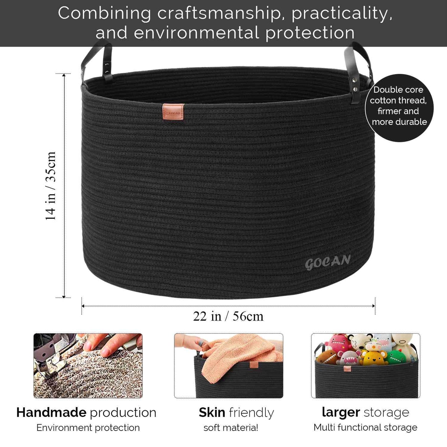 GOCAN Extra Large Storage Laundry Basket 22" X 22"X 14" Cotton Rope Woven for Blanket Basket with Handles for Living Room Toys Storage XXXL (Pure Blk)