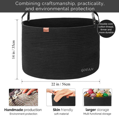 GOCAN Extra Large Storage Laundry Basket 22" X 22"X 14" Cotton Rope Woven for Blanket Basket with Handles for Living Room Toys Storage XXXL (Pure Blk)