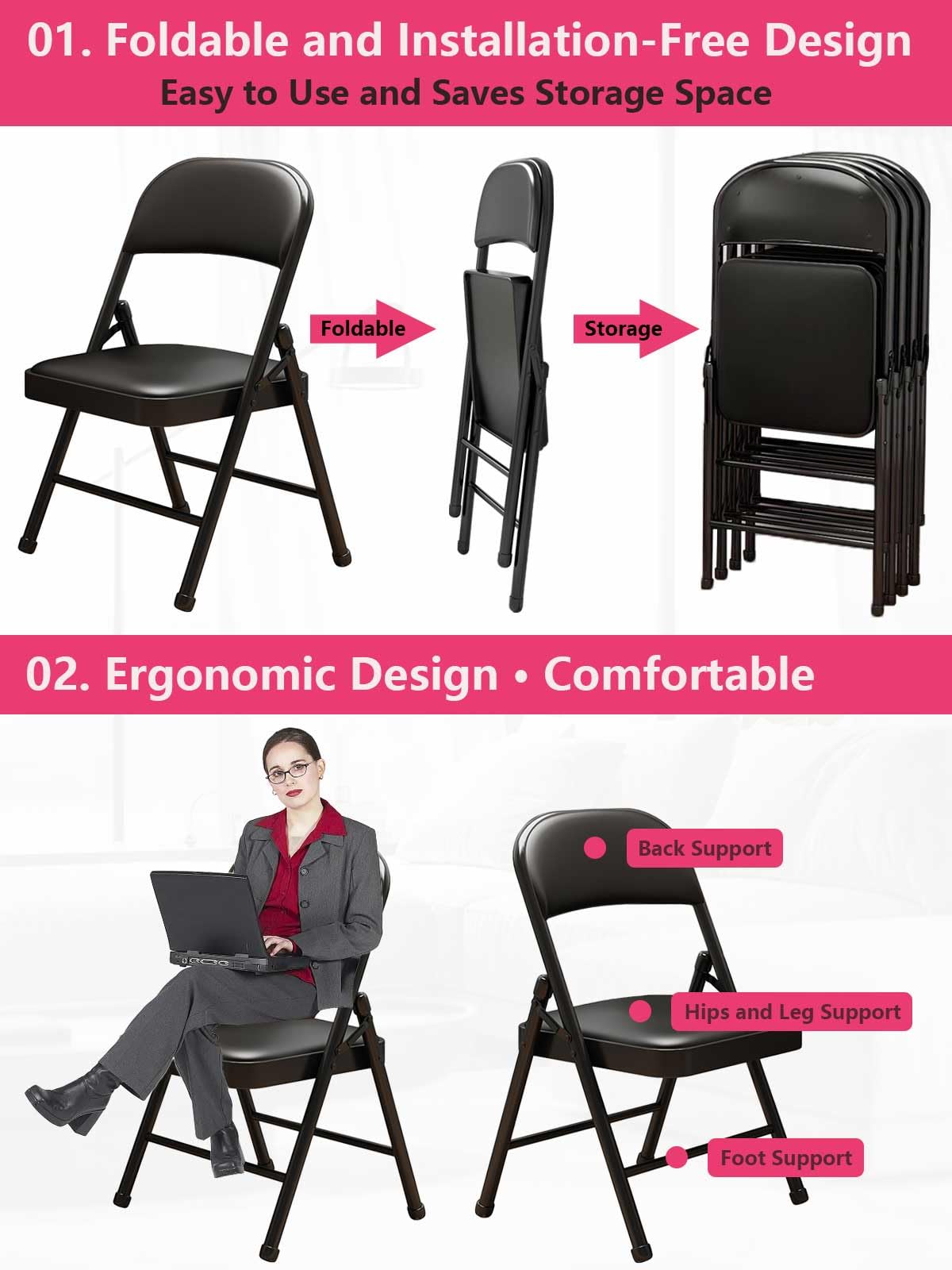 KAOCHA 1 Pack Bulk Folding Chairs with Padded Cushion, Single Black Steel Metal Frame Foldable Chair for Indoor and Outdoor, Portable Stackable Commercial Seat for Bedroom Patio Party Event