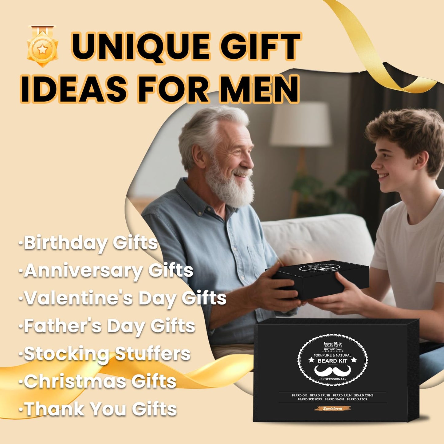 Isner Mile Beard Grooming Kit for Men Care: Trimming Sets with Beard Wash/Shampoo - Oil - Balm - Brush - Comb - Scissors & Storage Bag, Valentines Birthday Fathers Gifts for Dad Men Husband Boyfriend