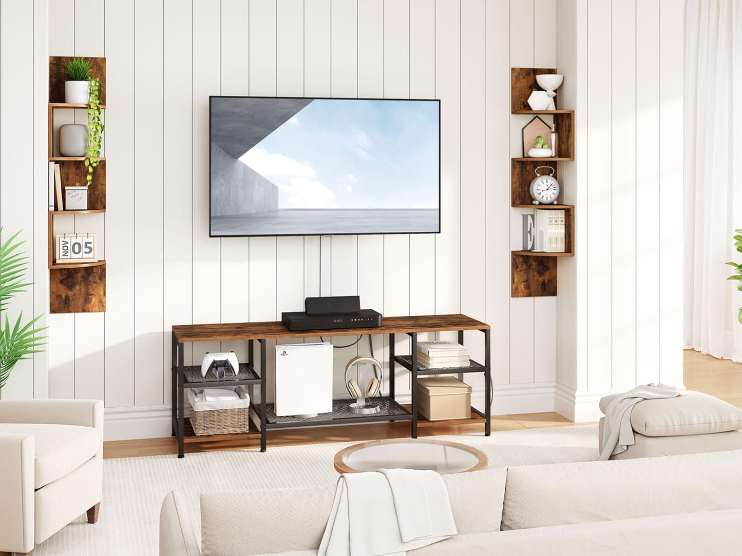 HOOBRO Corner Shelf Wall-Mounted, Set of 2 Floating Corner Shelves for Wall, 4-Tier Corner Bookshelves for Living Room, Bedroom, Bathroom, Home Office, Rustic Brown BF25BJP201