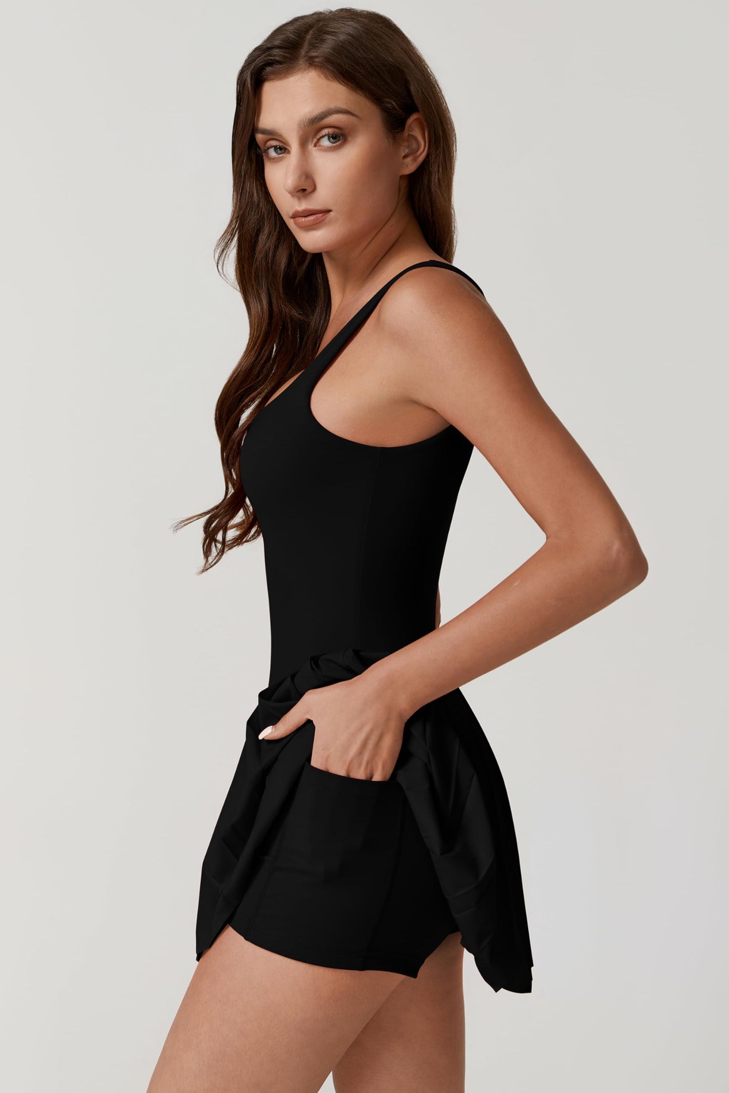 QINSEN Pleated Workout Dress with Built in Shorts Square Neck Sleeveless No Bra Summer Athletic Dress Black XL