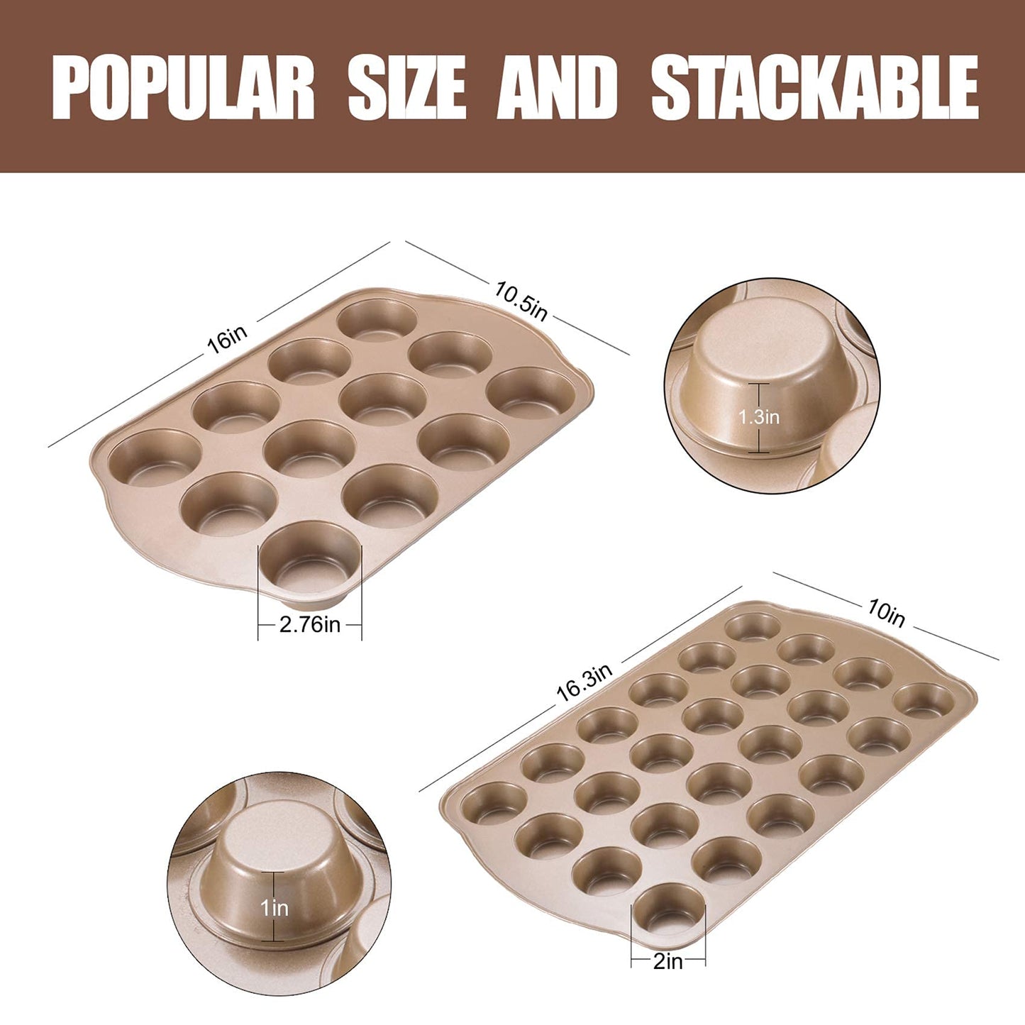 JOHO BAKING Nonstick Muffin & Cupcake Pan Set (2 Pack) - 12 Cup Regular + 24 Cup Mini Muffin Tins | Heavy Duty Gold Carbon Steel, Rust-Resistant, Easy Release