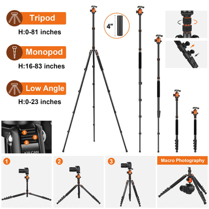 JOILCAN Tripod for Camera, 81" Aluminum Camera Tripod, 83" DSLR Tripods & Monopods, Heavy Duty Travel Tripod for Binoculars Spotting Scope Telescope, Professional Complete Tripod Units, Payload 35lb