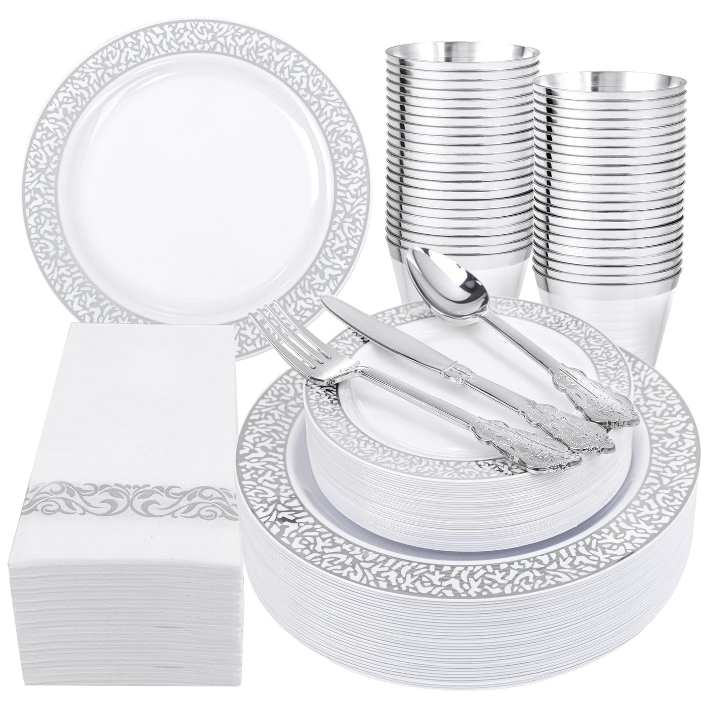 Festiva 350PCS Silver Plastic Dinnerware Set - Disposable Lace Silver Plates and Napkins Party Supplies - include plates,napkins,cups,silverware - Serve for 50 Guests Party&Wedding