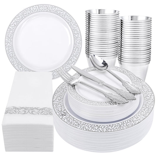 Festiva 350PCS Silver Plastic Dinnerware Set - Disposable Lace Silver Plates and Napkins Party Supplies - include plates,napkins,cups,silverware - Serve for 50 Guests Party&Wedding