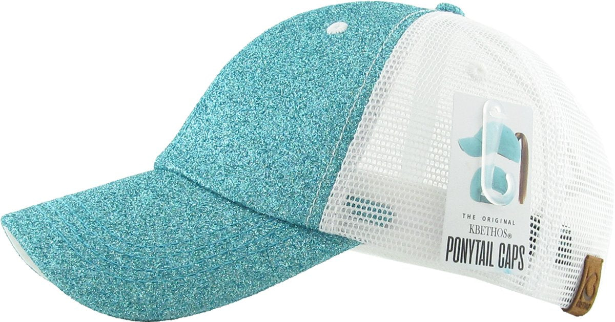 KBETHOS® Original Glitter Fabric Mesh Trucker Ponytail Cap, Aqua