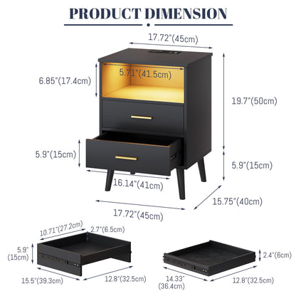 LVSOMT Black Nights Stand with Gun Drawer, Bedroom LED Nightstand with Charging Station, Bedside Table with Metal Legs, Wood Sofa Couch End Side Table