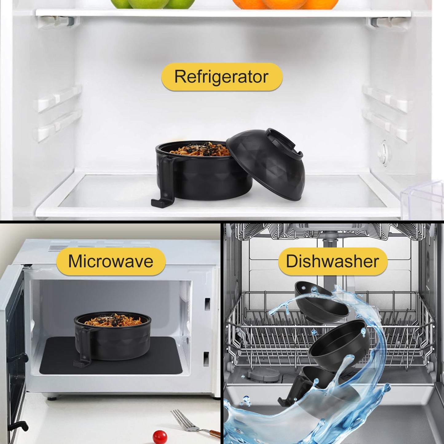 Ramen Bowl Set of 2, Ramen Cooker 33 oz, Ramen Bowls with Chopsticks and Spoon, Microwave Pasta Cooker, Ramen Bowl Microwave Gift College Dorm Essentials for Girls Guys (Black)