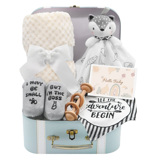 Fvntuey Baby Shower Gifts, Baby Boy Gifts Basket Includes Newborn Blanket Baby Lovey Security Blanket Wooden Rattle Toy, Funny Baby Bibs Socks & Greeting Card - Baby Gift Set Newborn Shower Basket