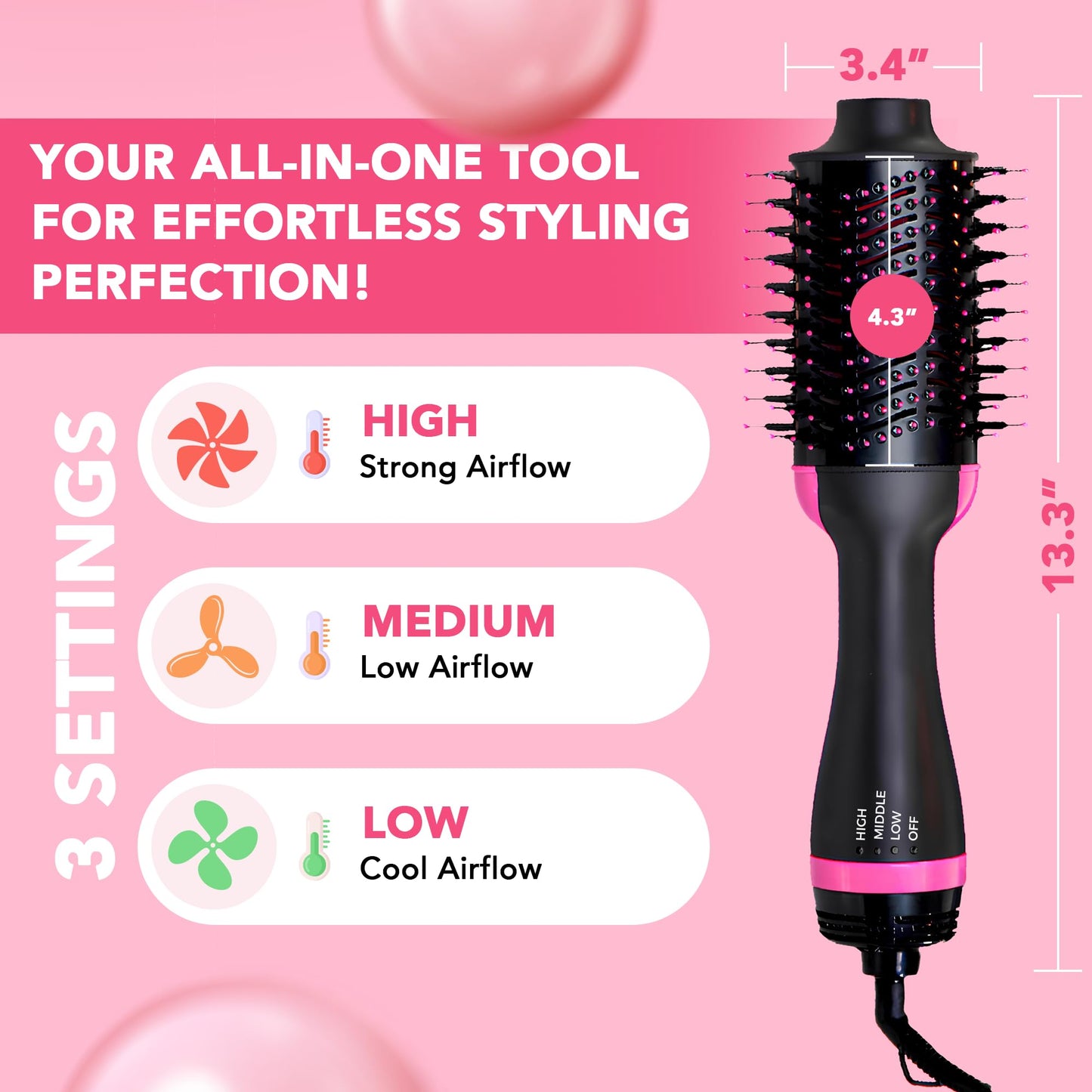 Hair Sensation Pro Blow Dryer Brush, 4 in 1 Styling Tools with ION Generator and Ceramic Coating for Fast Drying Hair Types, Pink