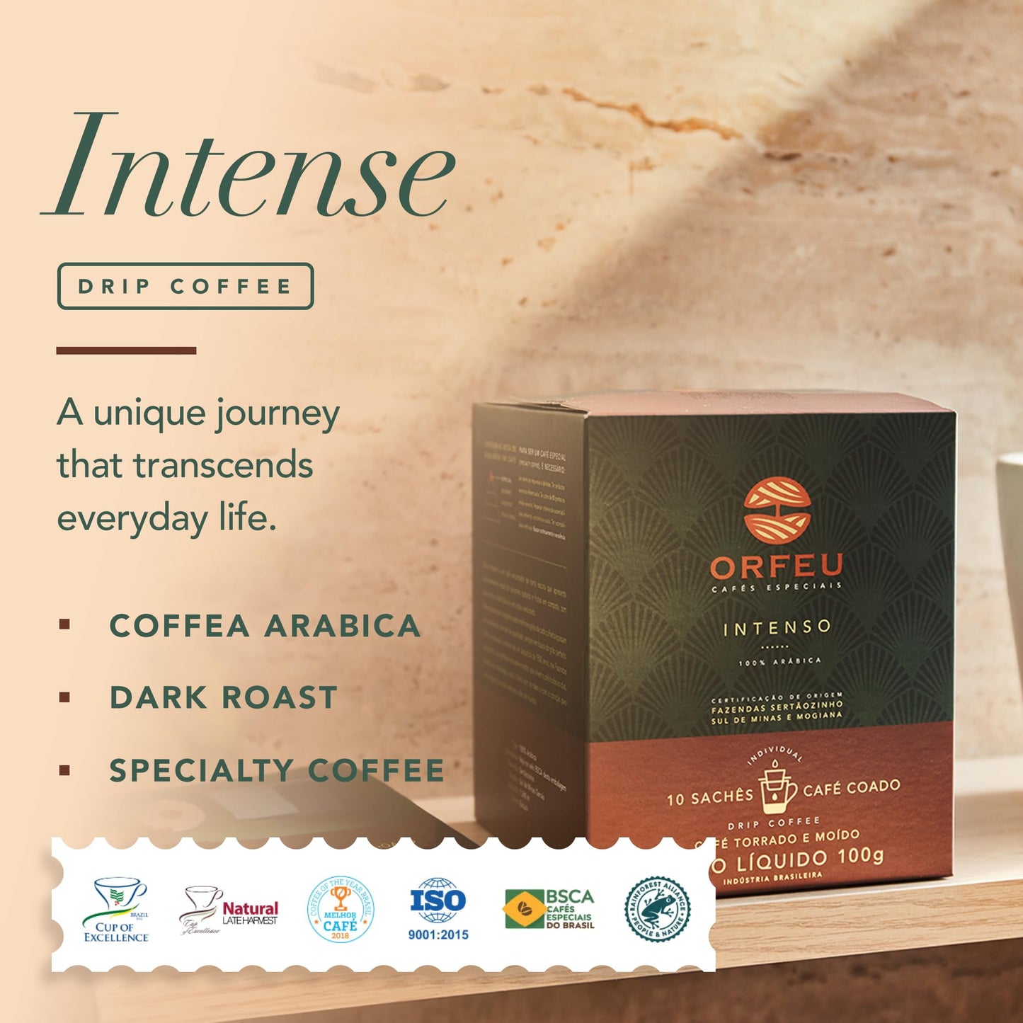 ORFEU - Special Coffee Intense - Drip Sachet - 100% Arabica Coffee, Dark Roast, Aroma of Toasted Caramel & Fruit Jam, Low Acidity, Made In Brazil, Velvety Body - 10 Units, 100g