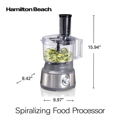 Hamilton Beach Food Processor & Vegetable Chopper for Slicing, Shredding, Mincing, and Puree, 10 Cups + Veggie Spiralizer makes Zoodles and Ribbons, Grey and Stainless Steel (70735)