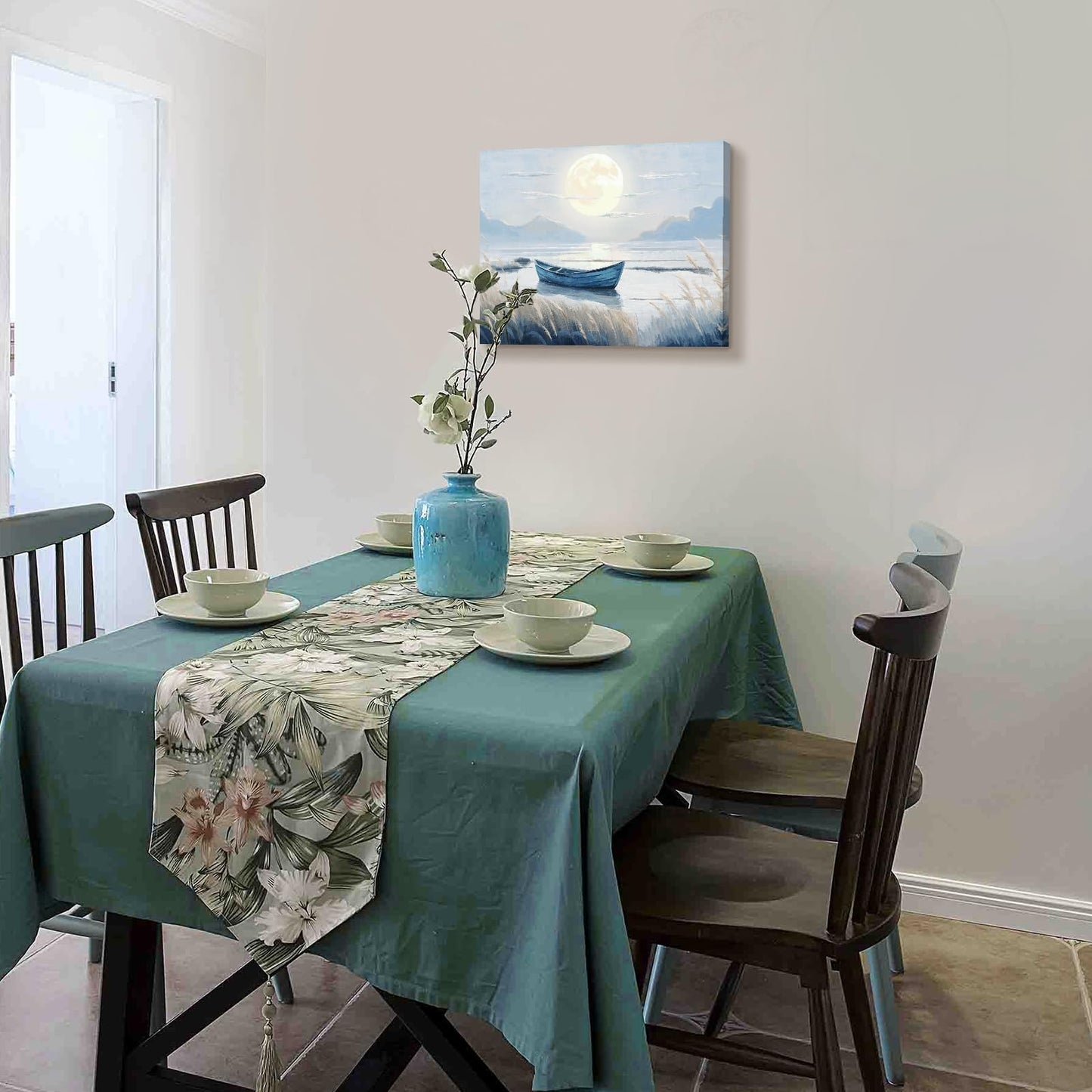 amatop Coastal Bathroom Wall Art Blue Beach Nautical Ocean Nature Canvas Picture with Boat Moon Lake Mountain Sea Relaxing Serene Landscape Gallery Wrapped Artwork for Modern Home Bedroom Decor 16x12