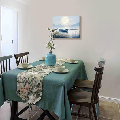 amatop Coastal Bathroom Wall Art Blue Beach Nautical Ocean Nature Canvas Picture with Boat Moon Lake Mountain Sea Relaxing Serene Landscape Gallery Wrapped Artwork for Modern Home Bedroom Decor 16x12